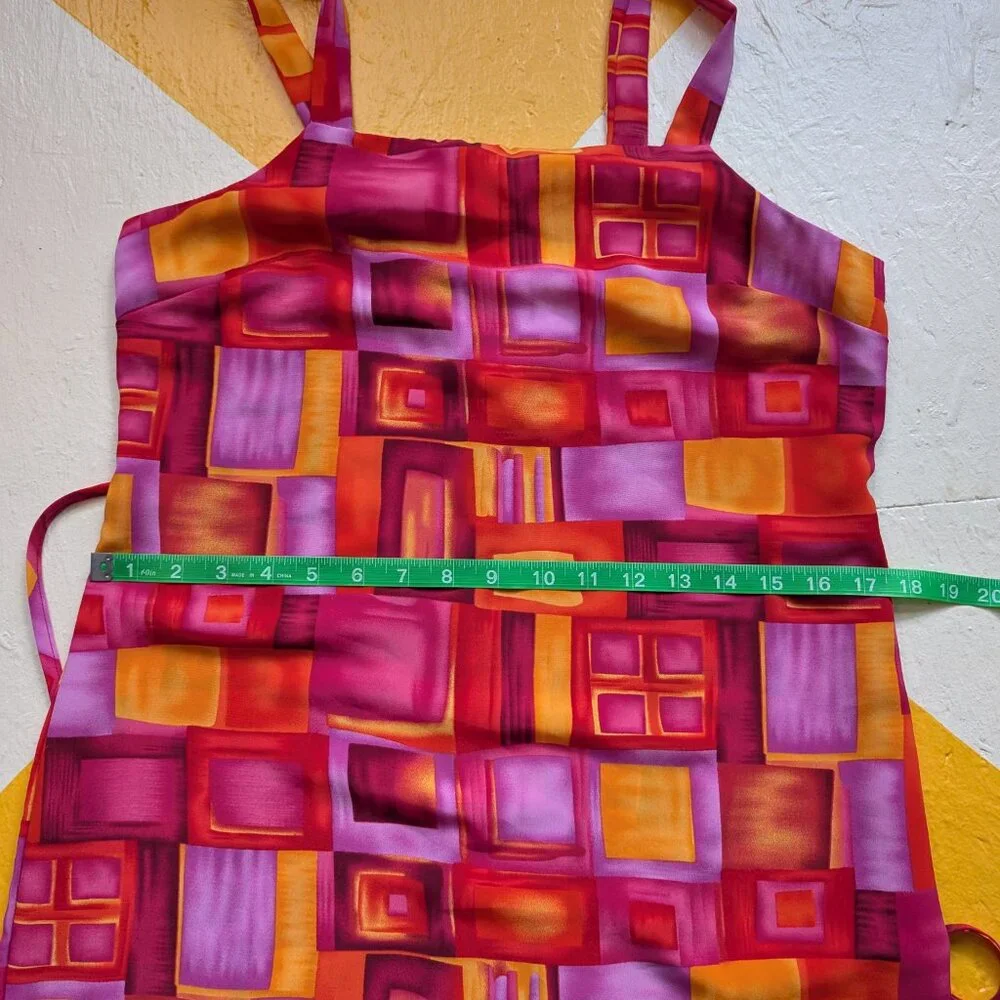 90s Vintage Tickets Mini Dress Windowpane Pink Orange Red Squares Tie Back - Picture 6 of 10